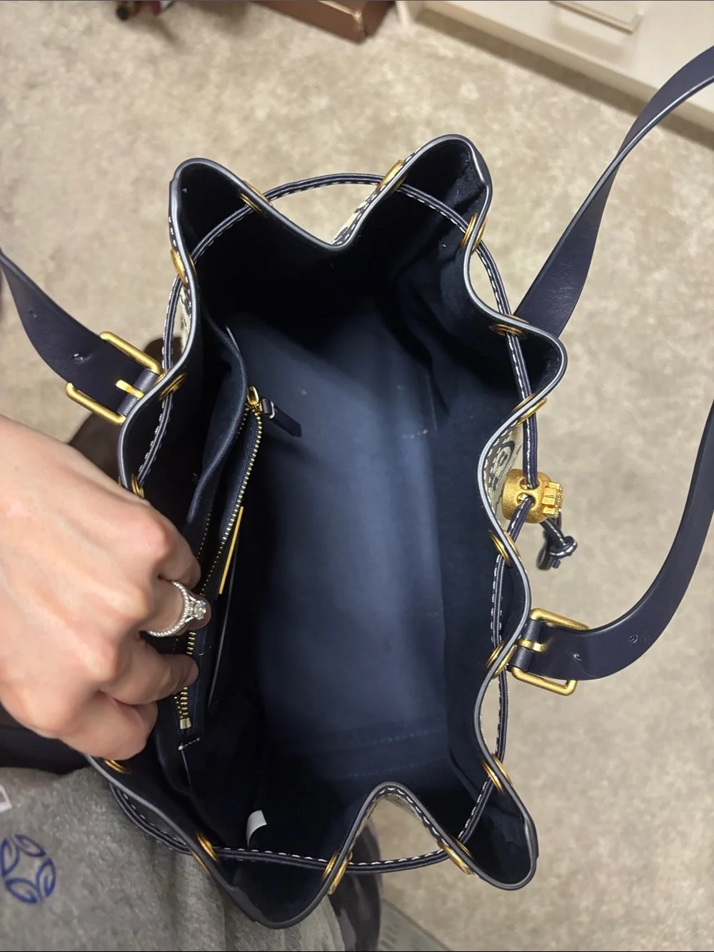 Tory Burch Navy and Beige Logo Jacquard Drawstring Tote